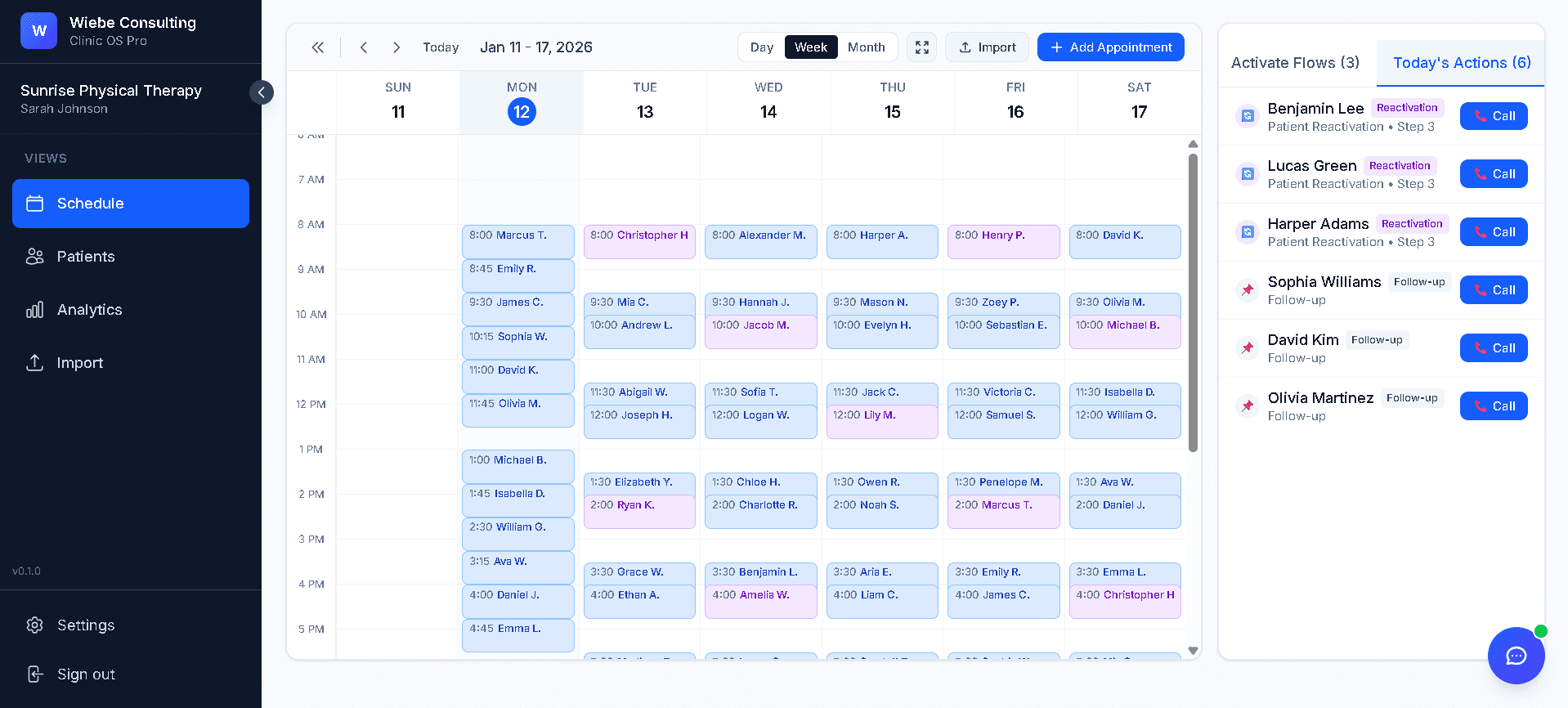 Clinic OS Pro Dashboard - Schedule view with appointments and Today's Actions